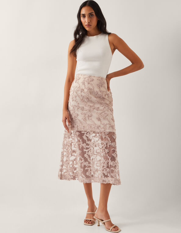 Alanna Sheer Appliqu&eacute; Midi Skirt, Nude (NUDE), large