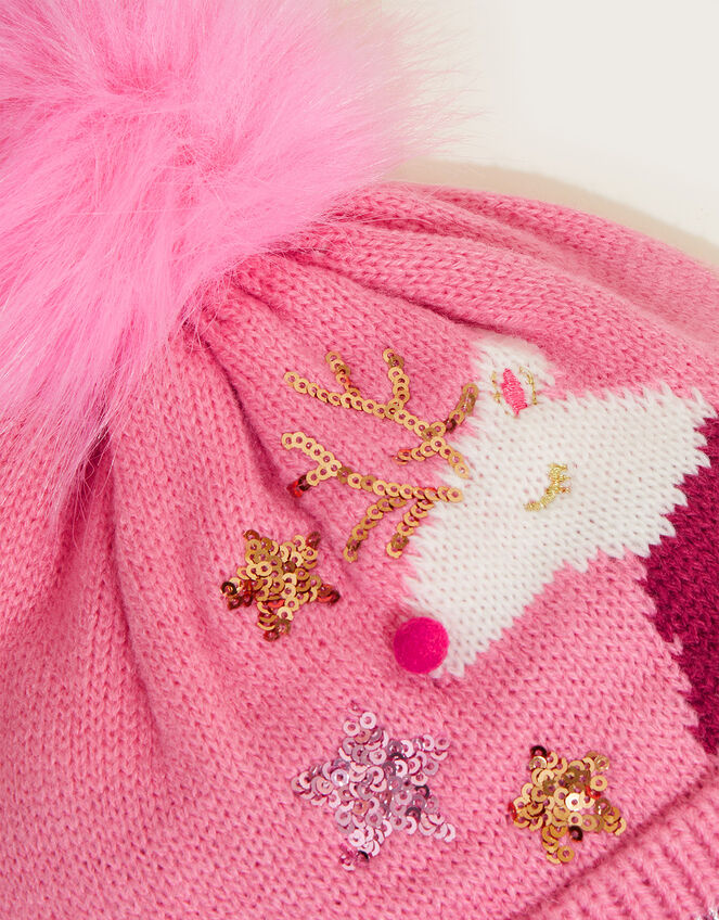 Rudy Reindeer Fluffy Beanie Hat, Pink (PINK), large