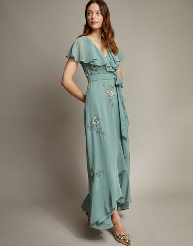 Ausha Floral Embellished Maxi Wrap Dress, Green (GREEN), large