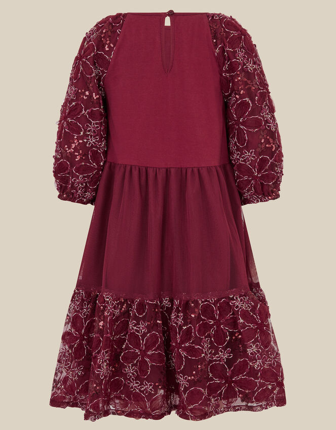 Floral Embellished Long Sleeve Mesh Dress, Red (BURGUNDY), large