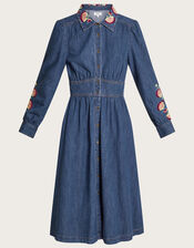 Embroidered Denim Midi Shirt Dress, Blue (DENIM BLUE), large