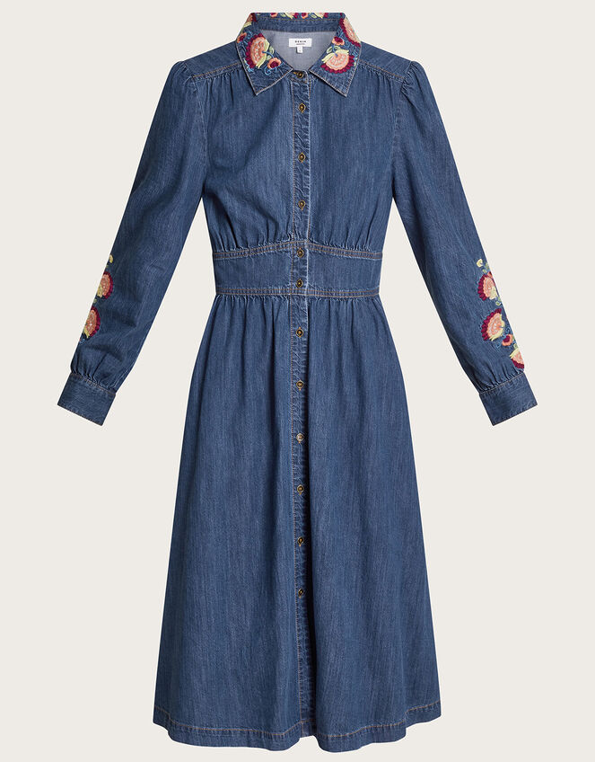 Embroidered Denim Midi Shirt Dress, Blue (DENIM BLUE), large