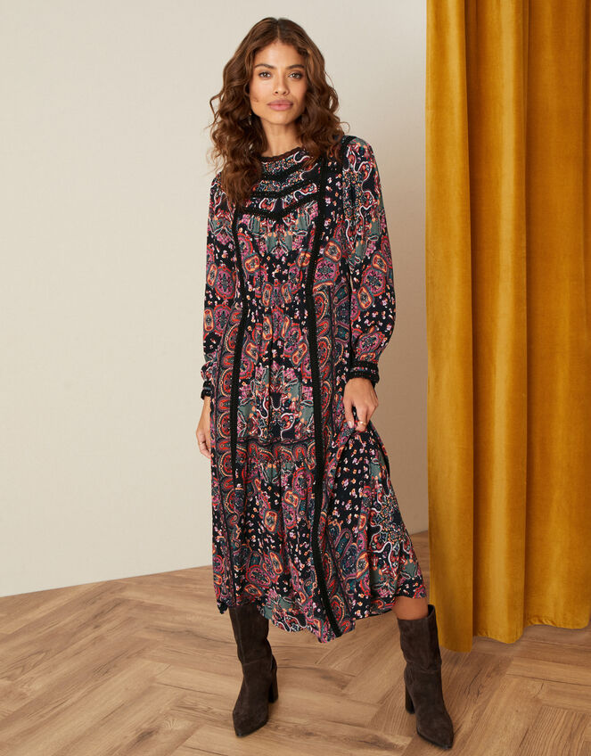Lace Trim Printed Midi Dress, Black (BLACK), large