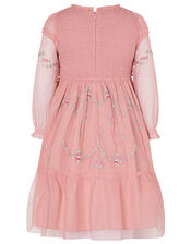 Floral Embroidery Long-Sleeve Dress, Pink (PINK), large