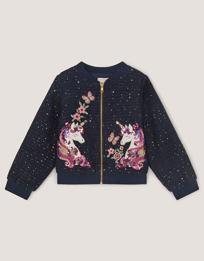 Sequin Unicorn Woven Bomber Jacket, Blue (NAVY), large