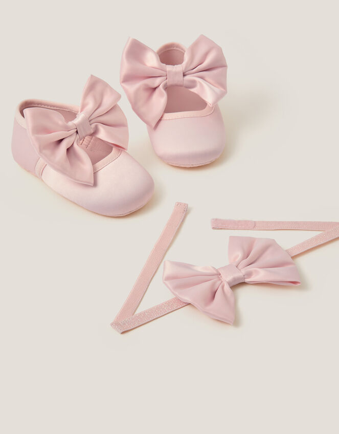 Baby Satin Bow Headband & Booties Set, Pink (PINK), large