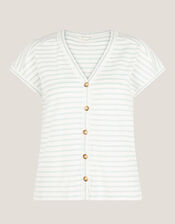 Sasha Button Stripe T-Shirt, Ivory (IVORY), large
