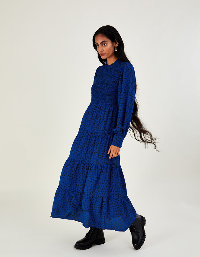 Sally Spot Shirred Midi Dress in Sustainable Viscose, Blue (COBALT), large