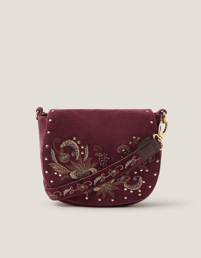Lily Embroidered Satchel Crossbody Bag, Red (BURGUNDY), large