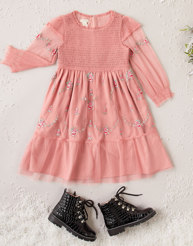 Floral Embroidery Long-Sleeve Dress, Pink (PINK), large