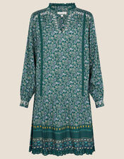 Printed Lace Trim Smock Dress, Blue (BLUE), large