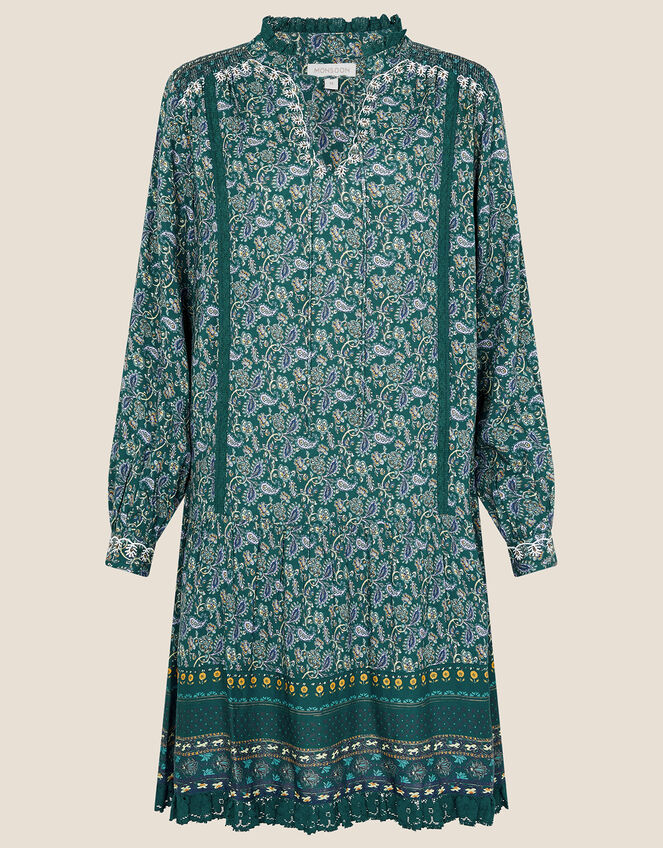 Printed Lace Trim Smock Dress, Blue (BLUE), large