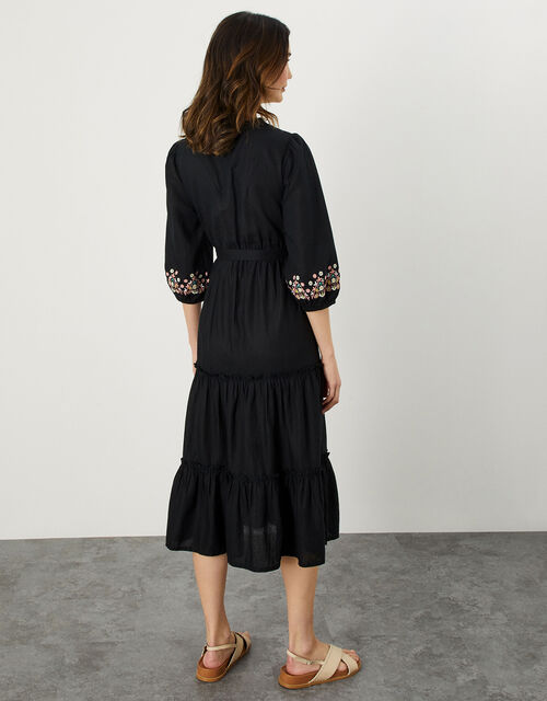 Embroidered Tiered Wrap Dress in Linen Blend, Black (BLACK), large