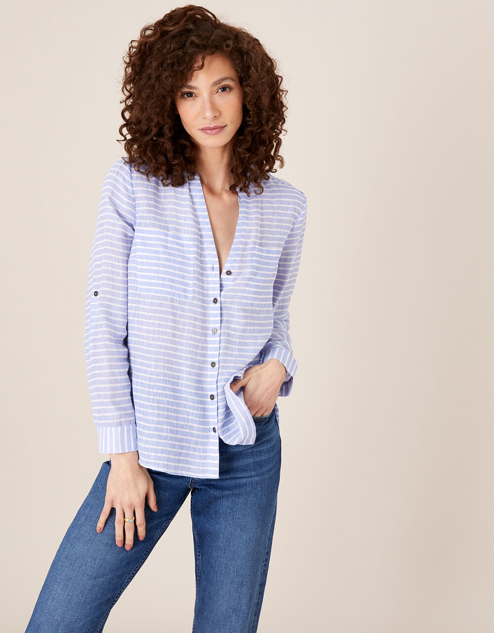 Stacy Stripe Shirt in Linen Blend Blue Tops & Tshirts Monsoon UK.