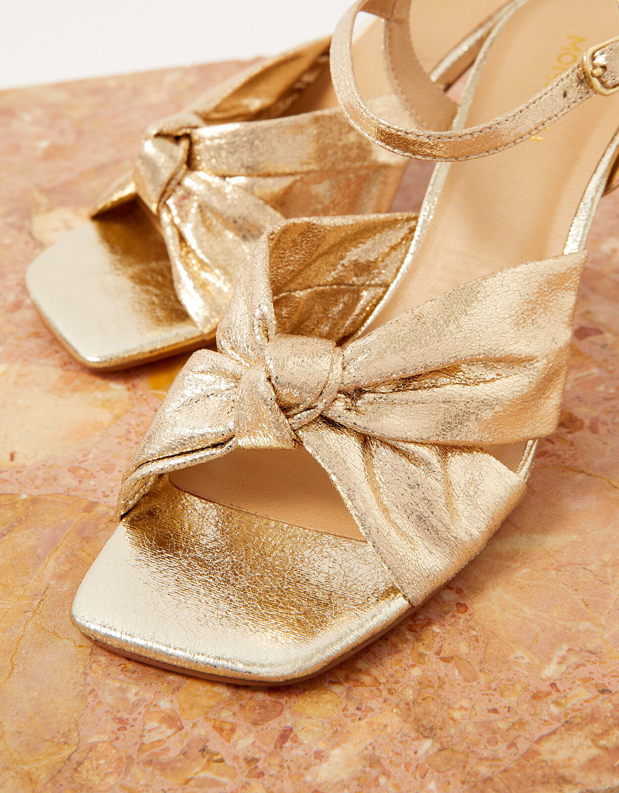 Knot Front Kitten Heel Sandals Gold