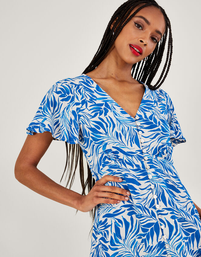 Florence Leaf Print Tea Dress in Sustainable Viscose, Blue (BLUE), large