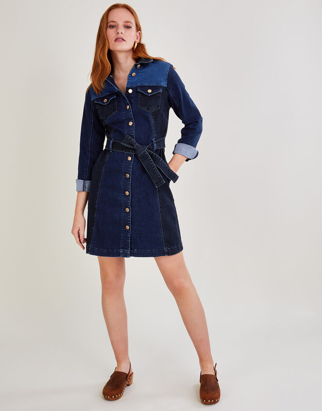Patched Denim Dress, Blue (INDIGO), large