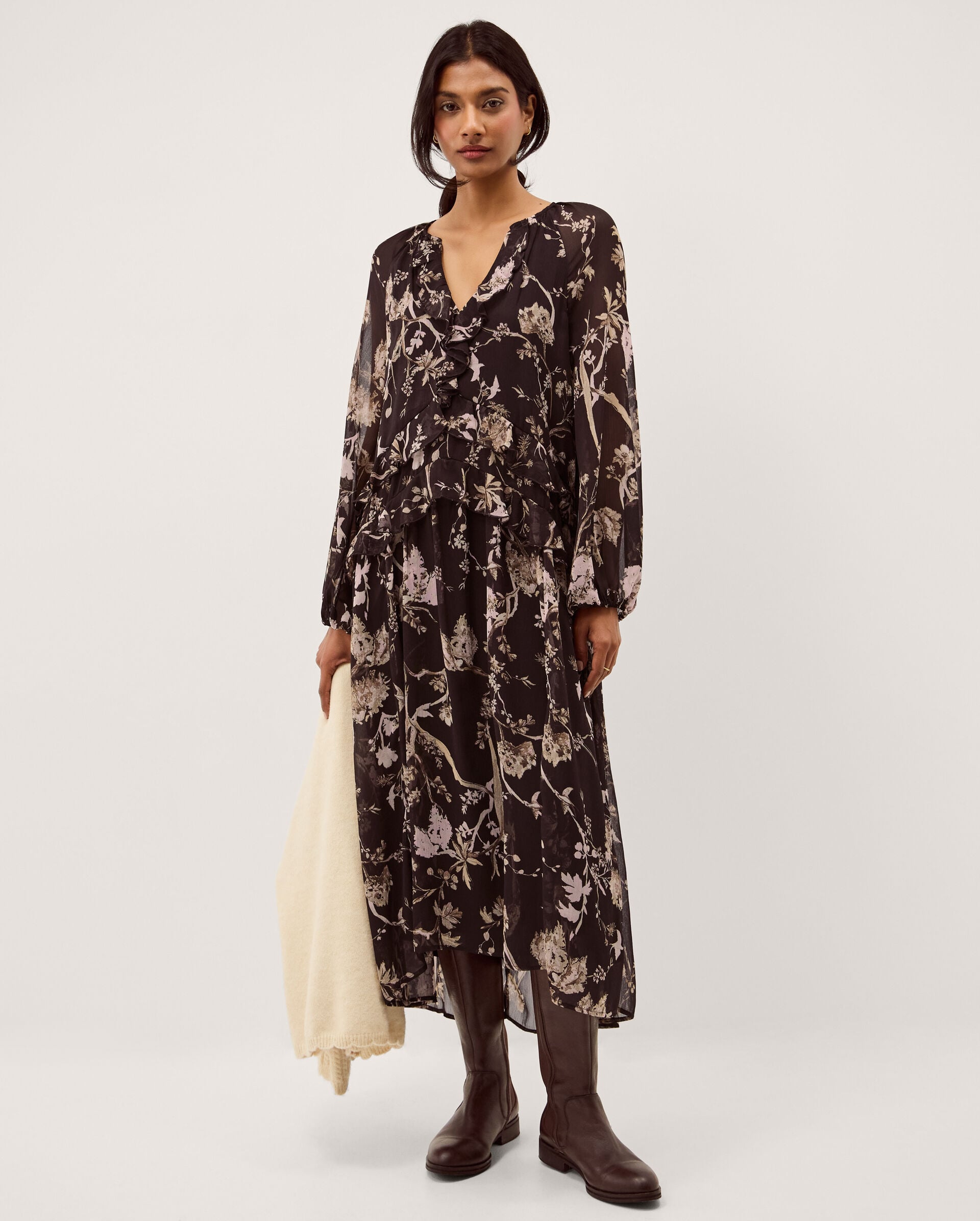Jada Floral Print Ruffle Midi Dress Brown