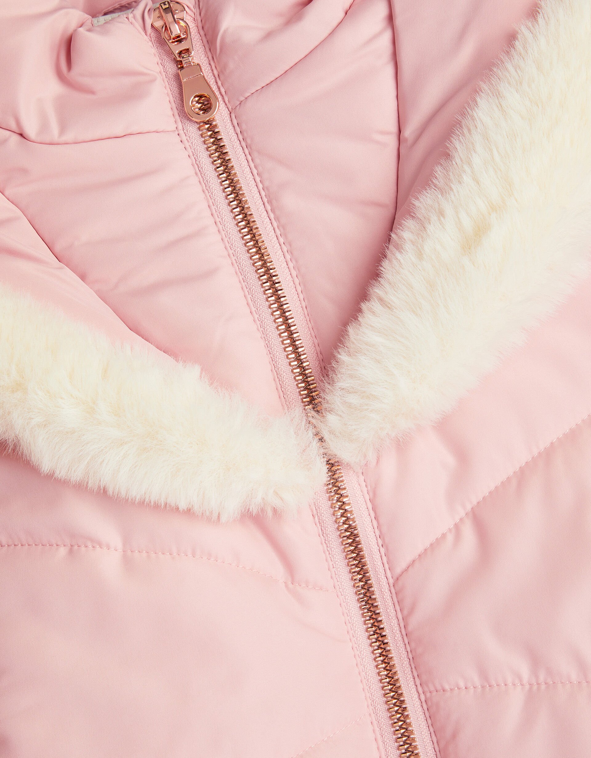Pink puffer jacket with faux fur trim top