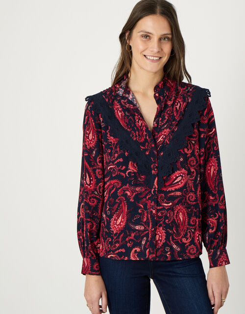 Lace Trim Paisley Print Blouse, Red (RED), large