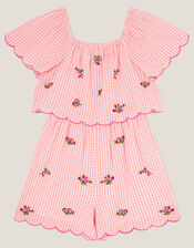 Floral Embroidered Gingham Playsuit, Pink (PINK), large