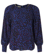 Animal Print Beaded Neck Blouse, Blue (BLUE), large