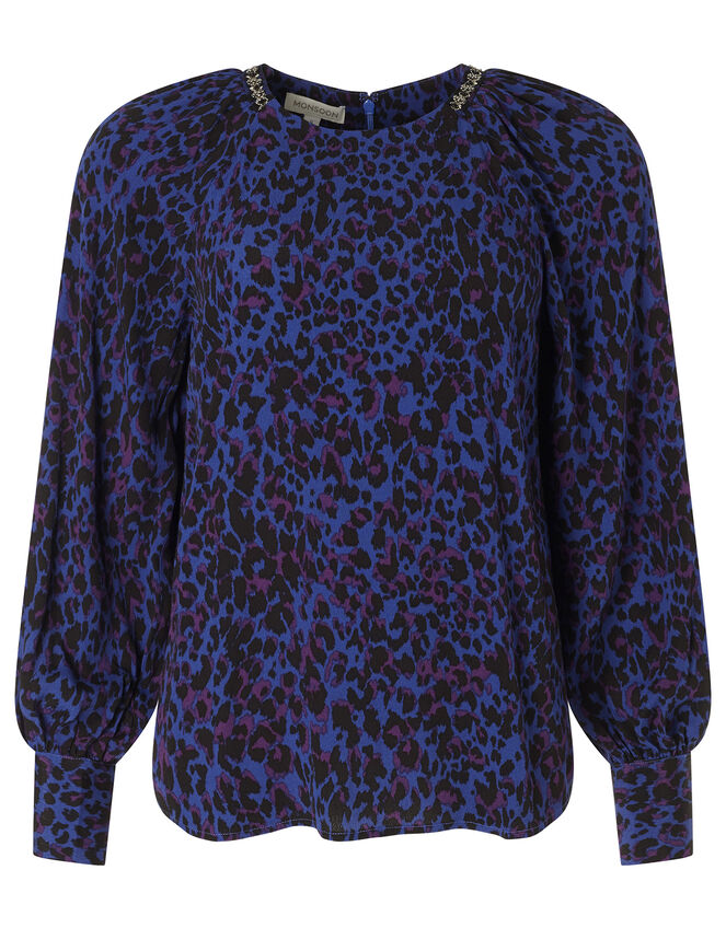 Animal Print Beaded Neck Blouse, Blue (BLUE), large