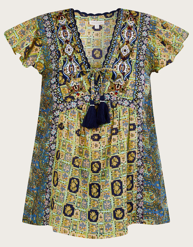 Heritage Print Premium Flutter Sleeve Top, Green (GREEN), large