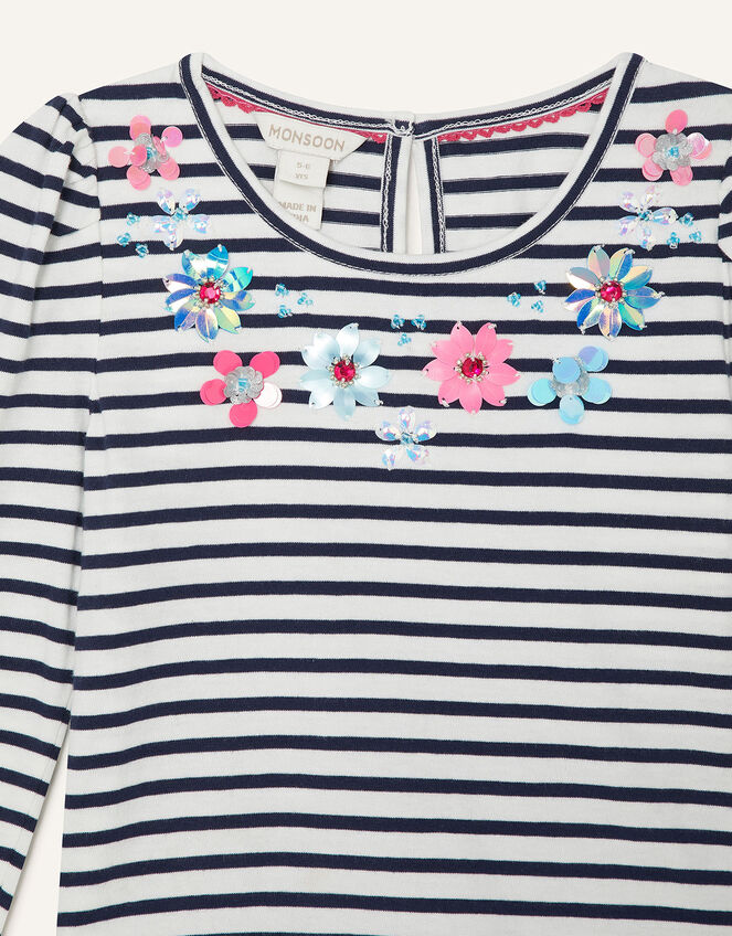 Striped Gem Neckline Top, Blue (NAVY), large