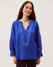 Frida V-Neck Linen Blouse, Blue (COBALT), large