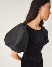 Sadie Puff Sleeve Velvet Midi Dress, Black (BLACK), large