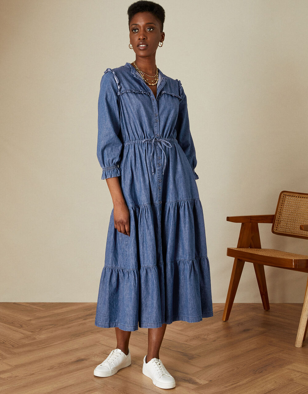 Women Dresses | Tiered Denim Dress in Sustainable Cotton Blue - KW97325