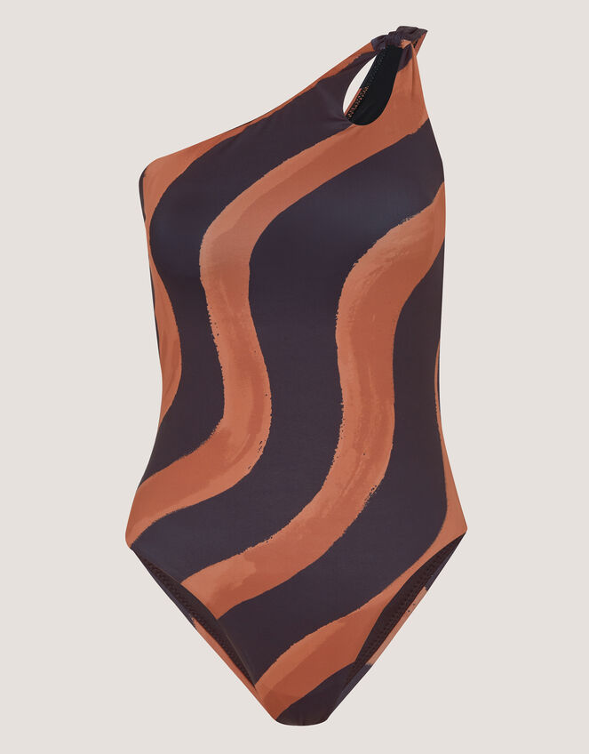 Callie Thorpe x Monsoon One-Shoulder Wave Print Shaping Swimsuit, Black (BLACK), large
