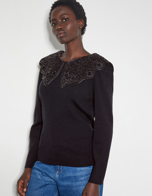 Etta Oversized Beaded Collar Jumper, Black (BLACK), large