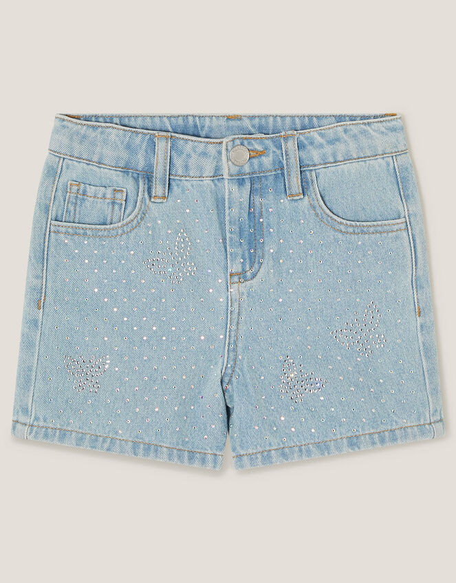 Rhinestone Butterfly Denim Shorts, Blue (BLUE), large