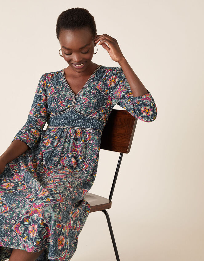 Julianna Heritage Print Dress with Organic Cotton, Blue (NAVY), large