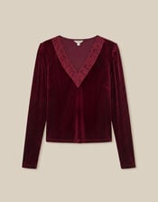 Lexi Lace Trim Velvet Top, Red (BURGUNDY), large