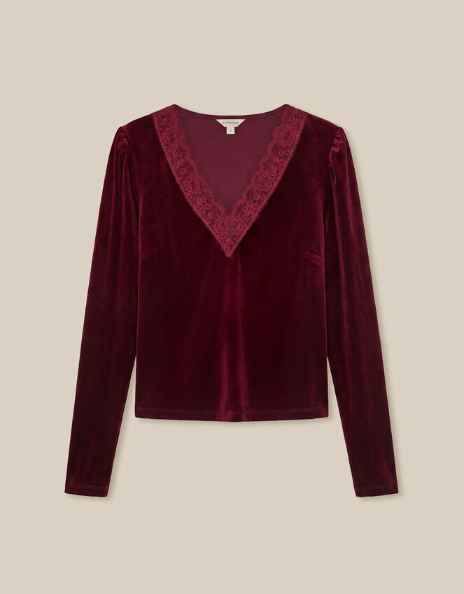 Lexi Lace Trim Velvet Top, Red (BURGUNDY), large
