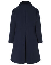 Velvet Trim Coat with Brooch, Blue (NAVY), large
