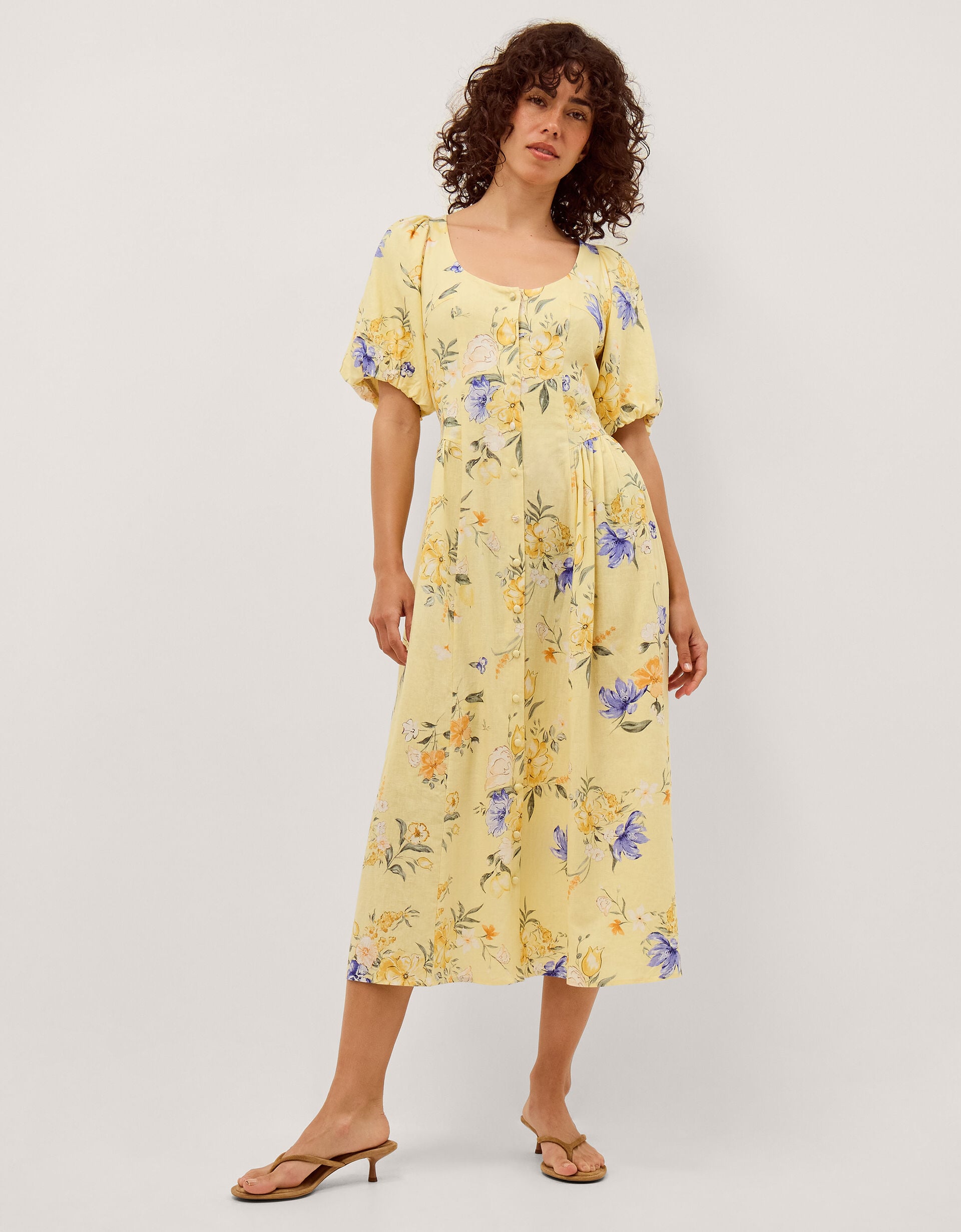 Etta Floral Linen Blend Midi Dress Yellow