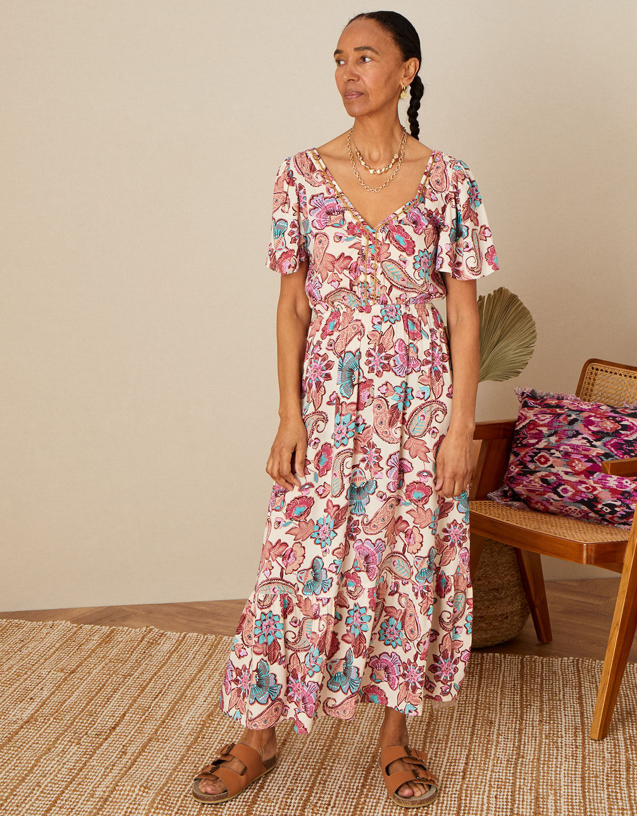 Floral print v sales neck dress