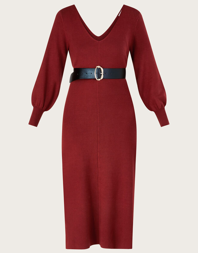 V-Neck Belted Knit Maxi Dress, Orange (RUST), large