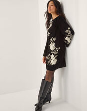 Fia Floral Embroidered Velvet Tunic Dress, Black (BLACK), large