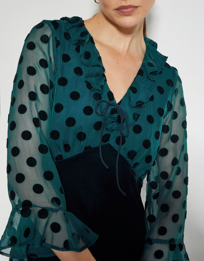 Dora Polka Dot Velvet Midi Dress, Teal (TEAL), large