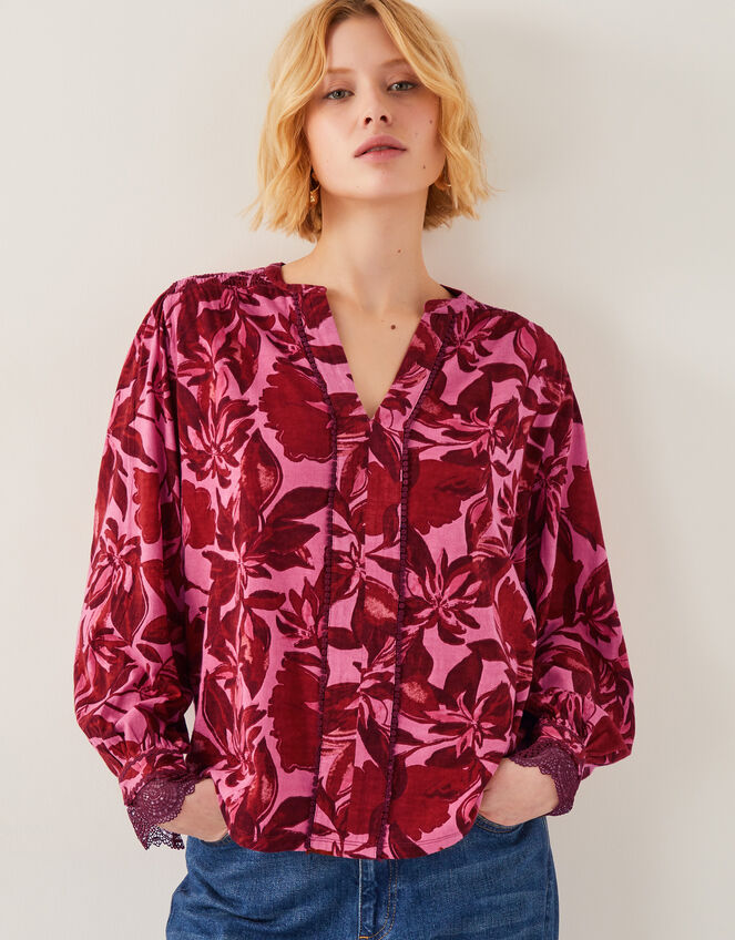 Aimee Floral Print Jersey Blouse, Pink (PINK), large
