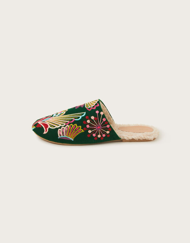 Camilla Bird Embroidered Slippers, Green (GREEN), large