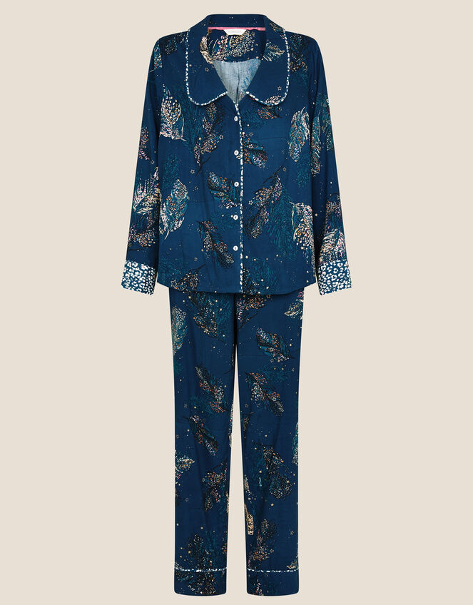 Feather Print Pyjama Set in Sustainable Viscose, Teal (TEAL), large