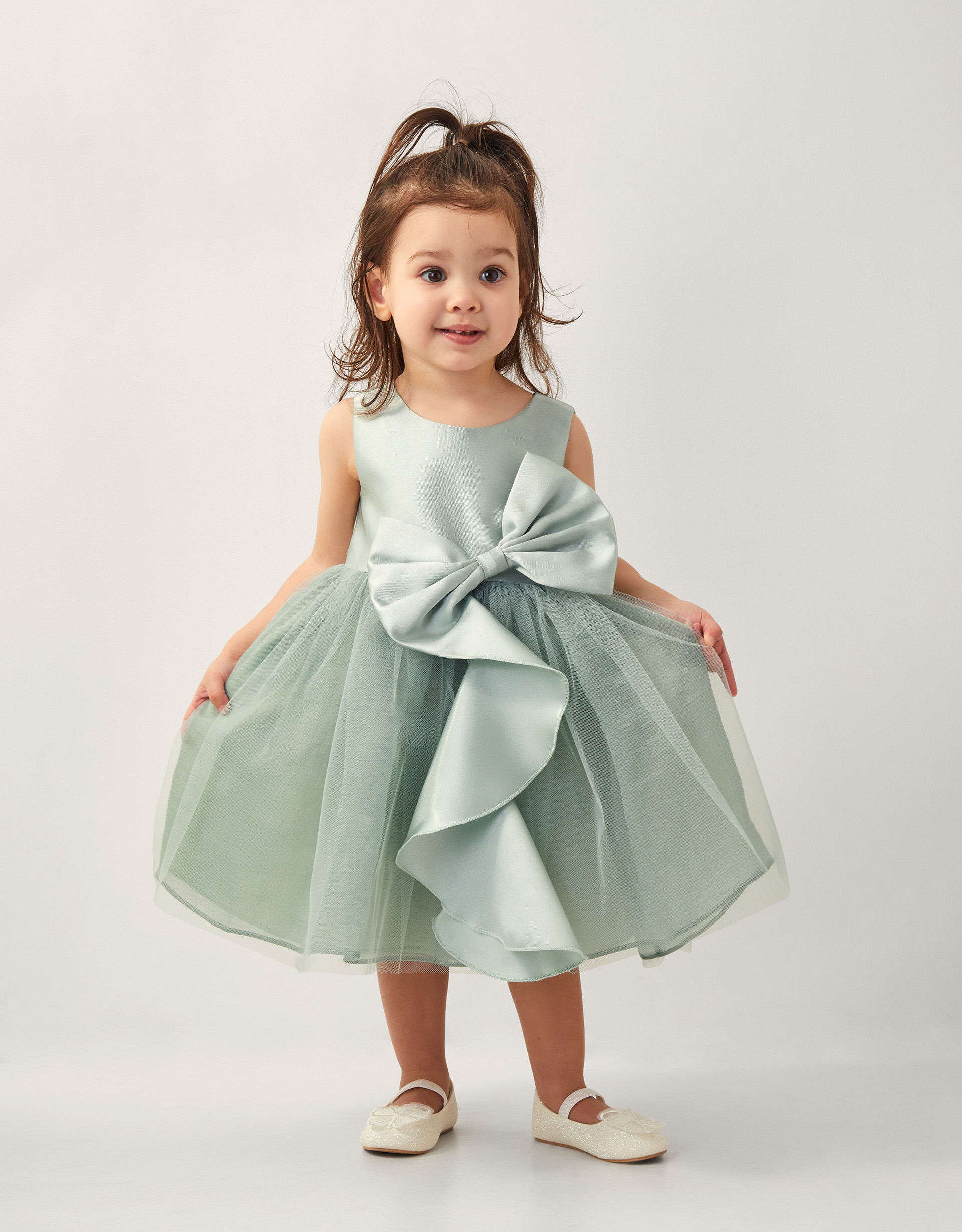 Baby Waterfall Bow Tulle Dress  Green