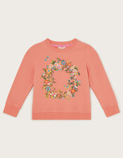 Floral Wreath Embroidered Sweatshirt, Orange (CORAL), large