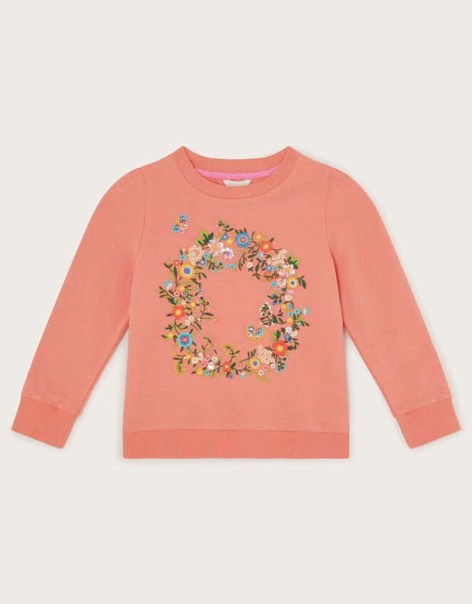 Floral Wreath Embroidered Sweatshirt, Orange (CORAL), large